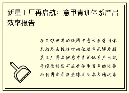 新星工厂再启航：意甲青训体系产出效率报告
